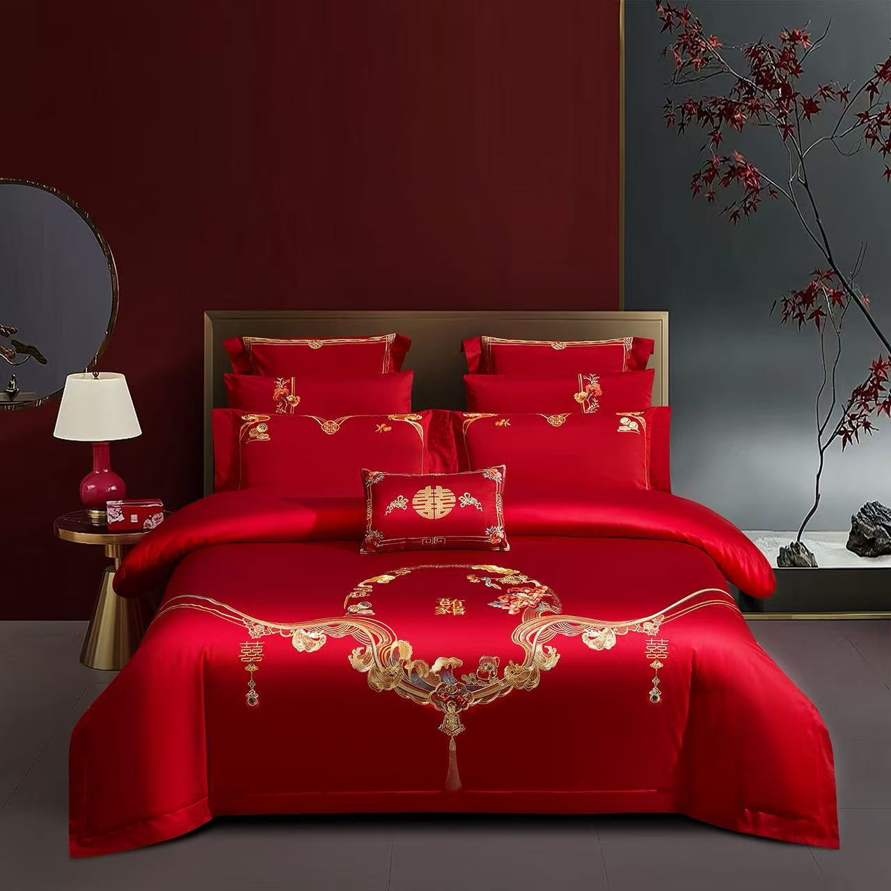新款婚庆长绒棉时尚爆款刺绣婚庆床盖款红色四件套床品结婚