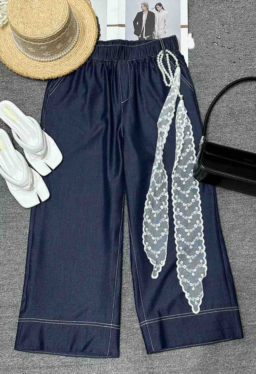 夏季轻薄高腰蕾丝腰带阔腿裤八分裤大码洋气时尚百搭裤女3061