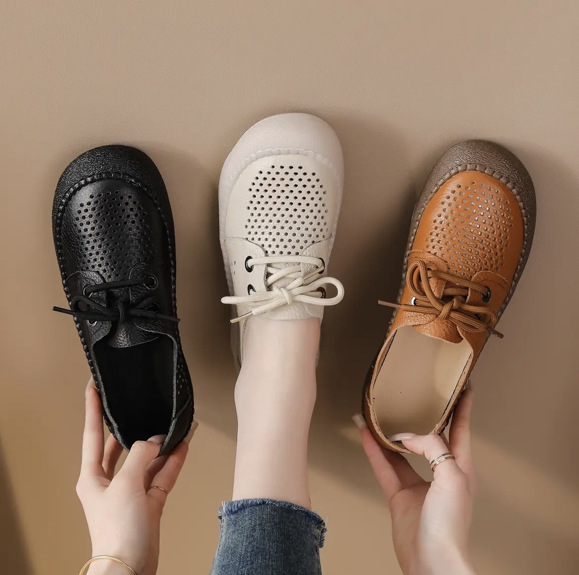 头层牛皮系带薄款镂空夏季休闲风单鞋防滑洞洞鞋度假风松糕厚底