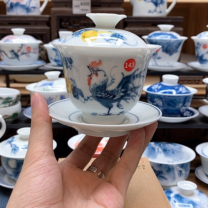 手绘公鸡160cc三才盖碗釉下彩微瑕福利款