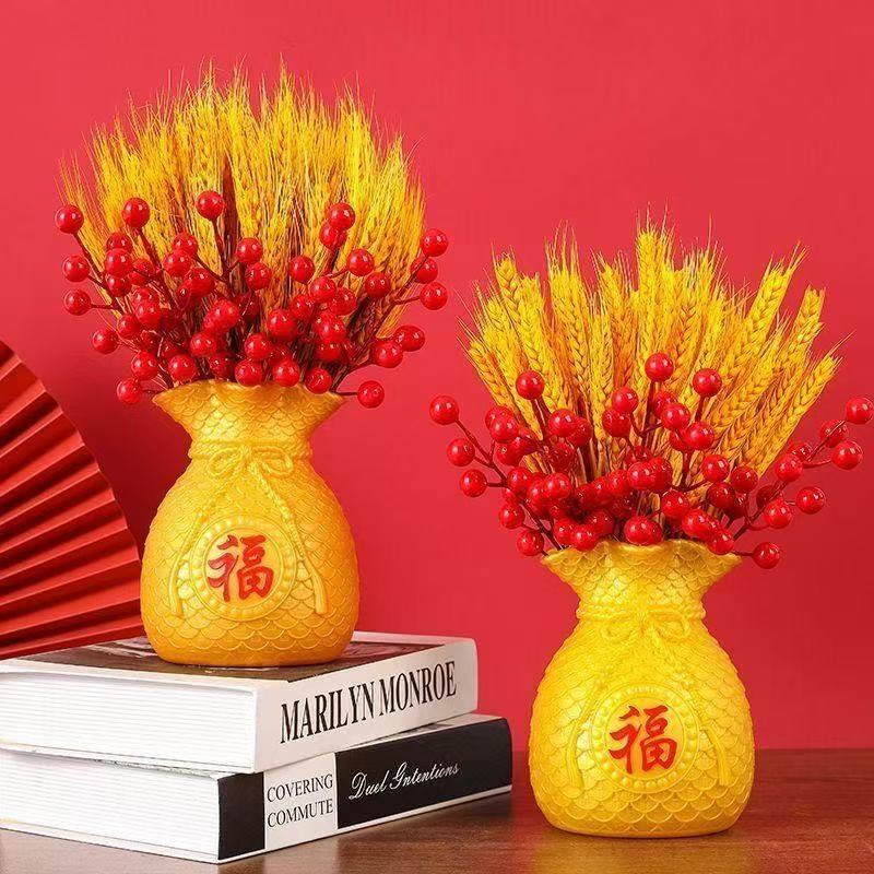 麦穗天然干花束搭配福袋红果客厅招财开业装饰品