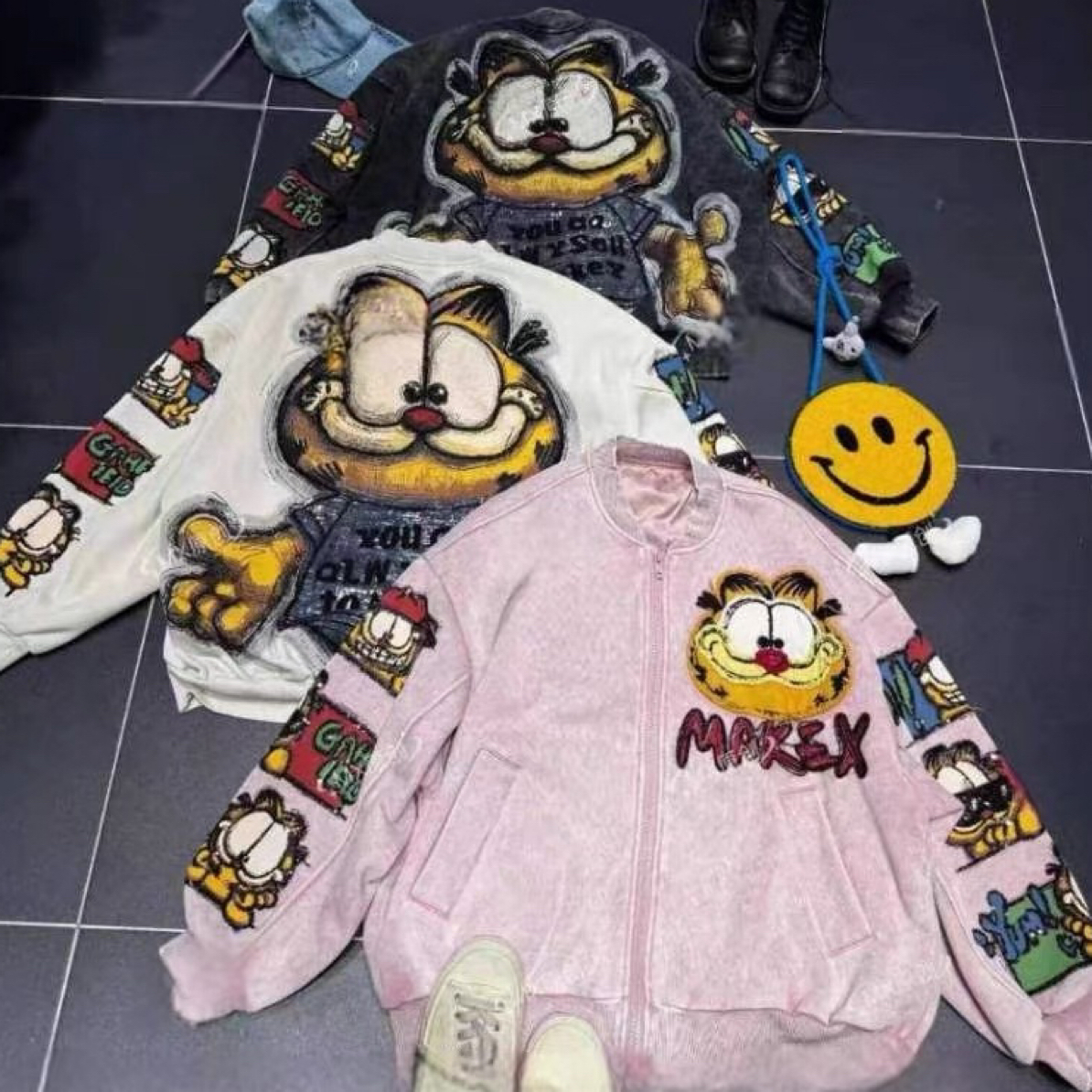 欧货潮牌重工卡通加菲猫印花棒球服外套女宽松减龄休闲百搭上衣