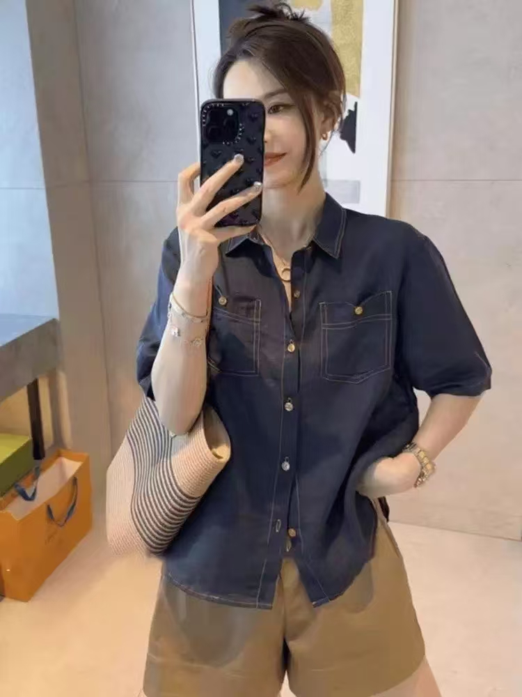 120支高支高密苎麻韩版网红休闲短袖夏季灯笼袖宽松薄款夏季衬衫