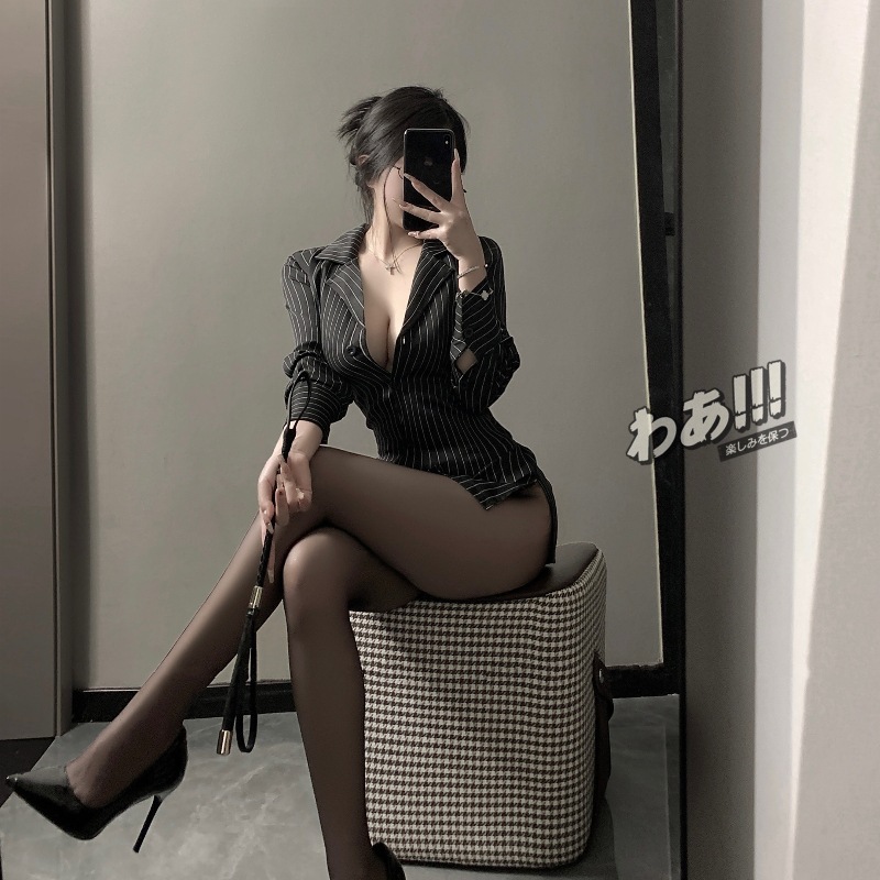 睡衣女款爆款2025新款战袍性感秘书制服纯欲条纹衬衫成熟贵妇睡衣