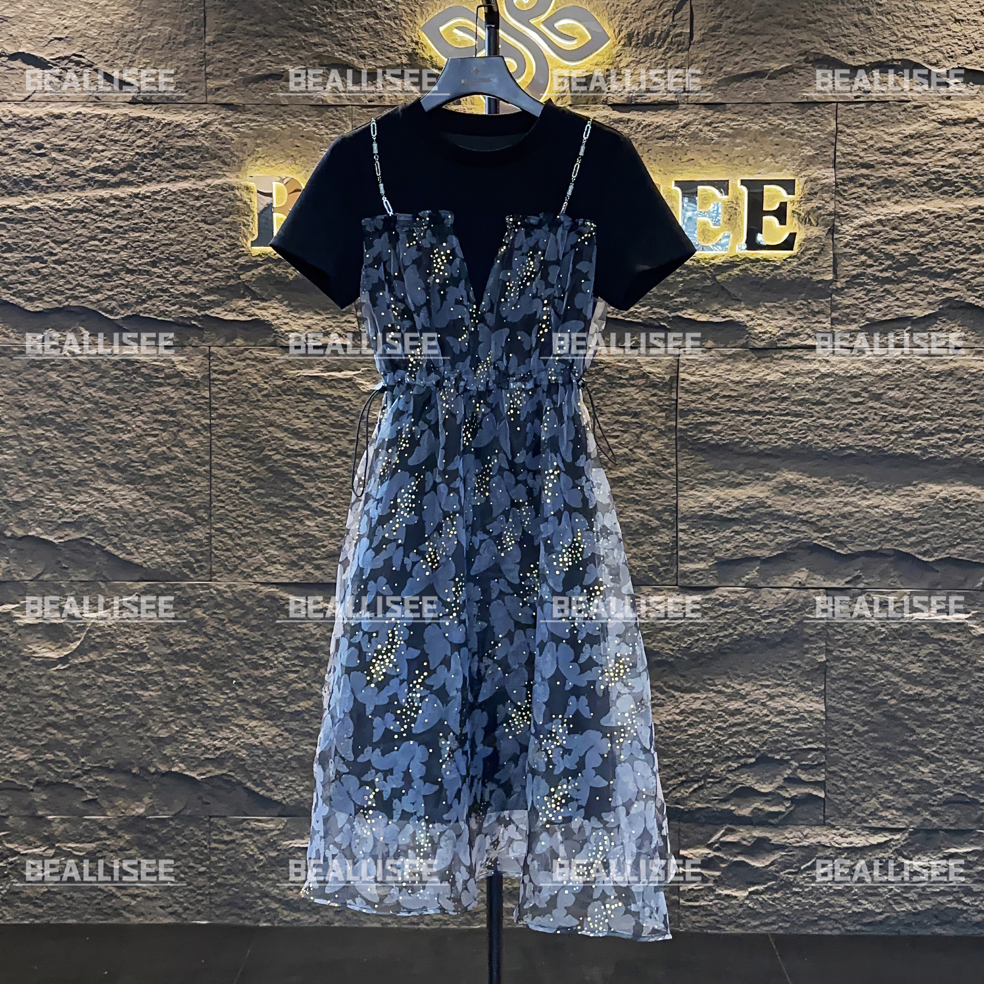 【昕昕】编号【43】新款显瘦短袖大码女装拼接吊带连衣裙BLS-A297