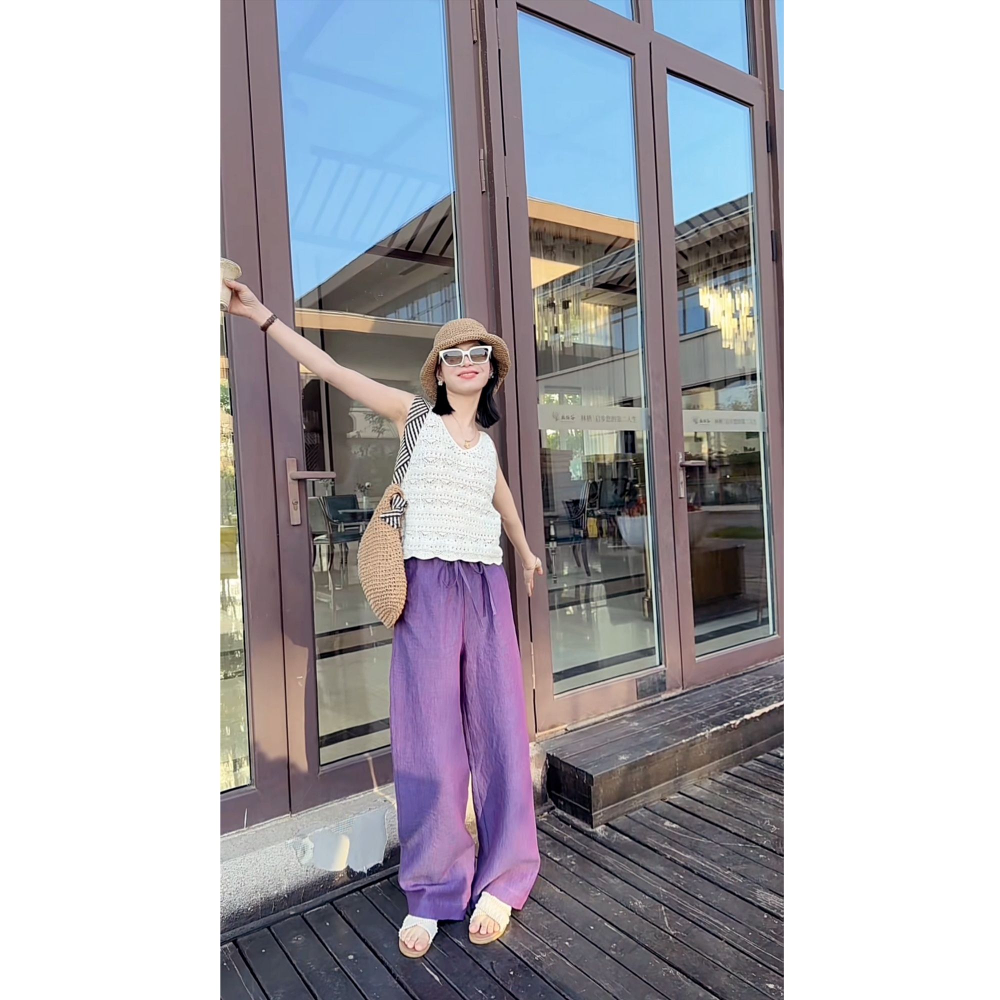 【莫奈】流光溢彩色织汉麻紫色裤子文艺清凉直筒女宽松休闲裤24208