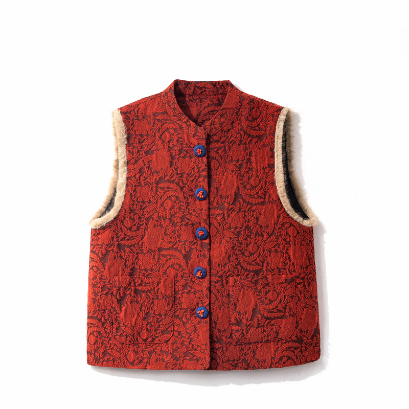 【红韵】冬季2025新款马甲女式新中式宽松国风加棉加厚提花上衣马夹