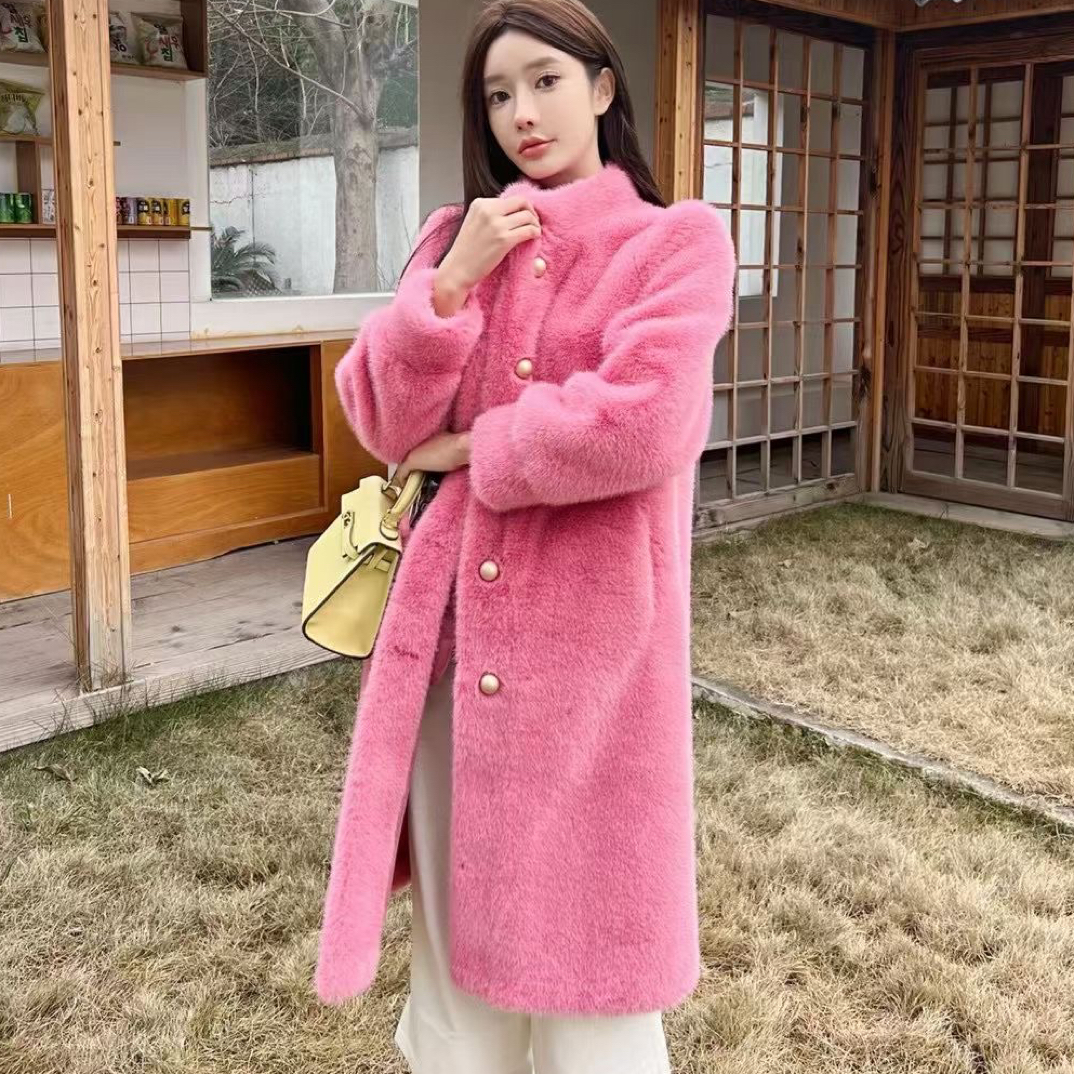 2025新款小铜扣长款大衣泡泡袖立领毛毛中长外套（717长）