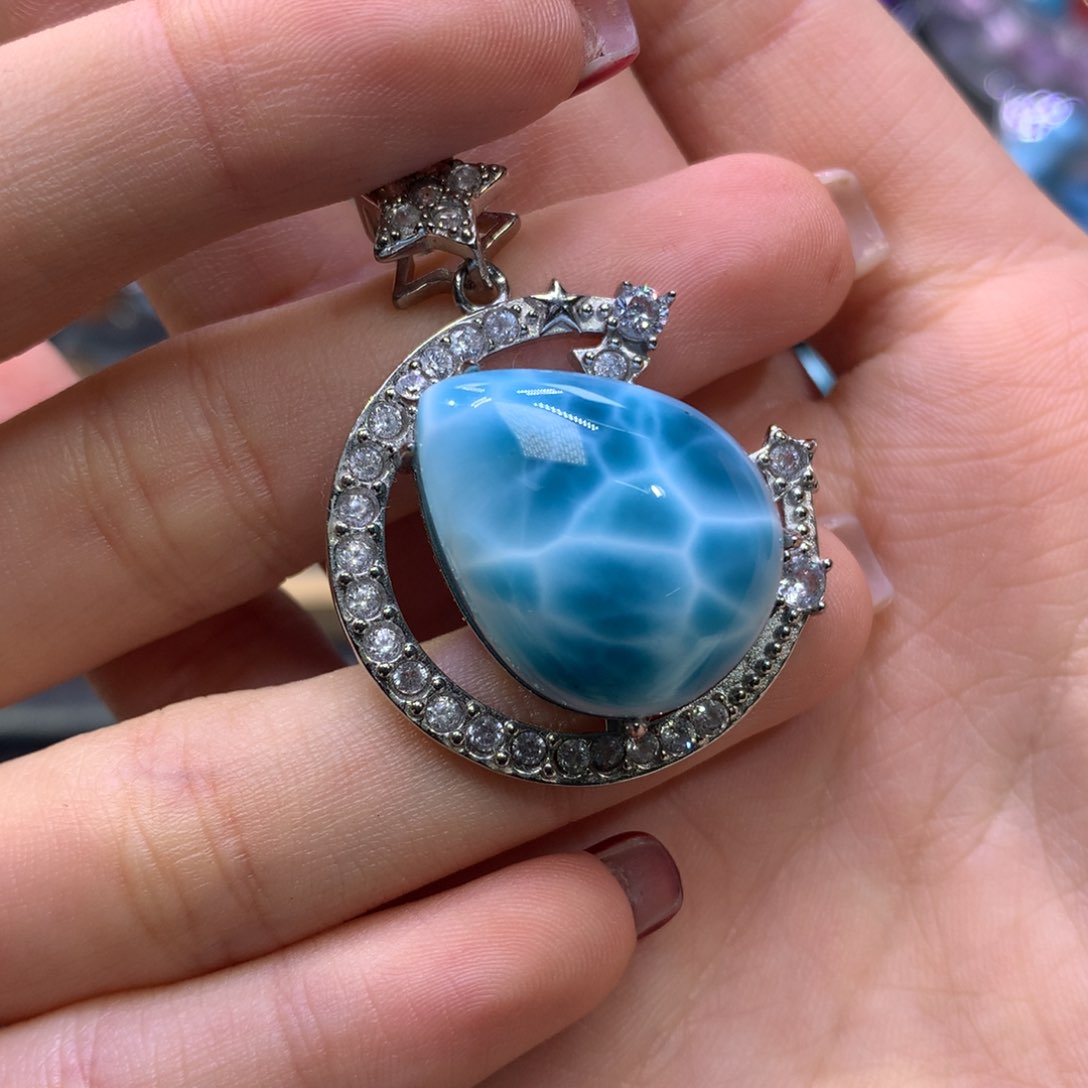 针钠钙石（海纹石）吊坠(不含链)银S925镶嵌小***喵