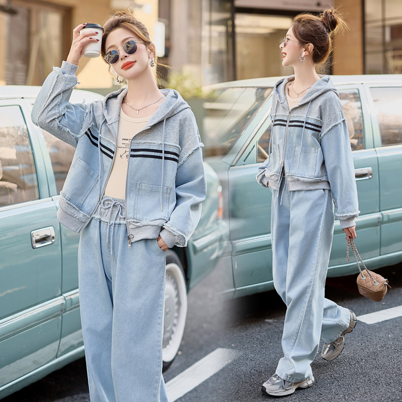 撞色拼接牛仔套装女2025年早春新款休闲时尚卫衣减龄阔腿裤两件套