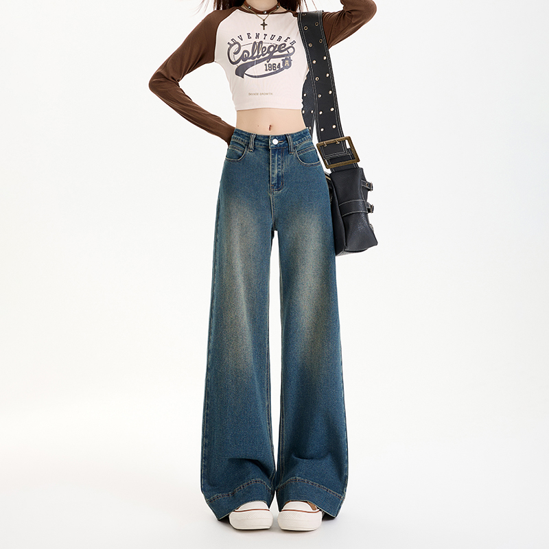 高腰垂坠感复古阔腿牛仔裤女2025早春新款宽松显瘦百搭设计感