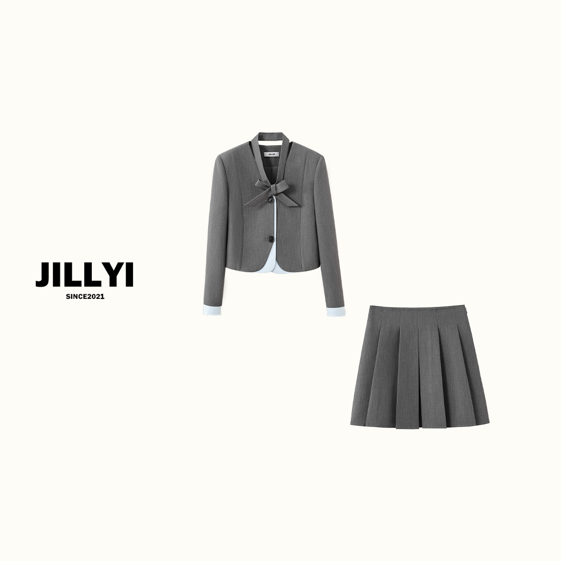 JILLYI珠海店【职场穿搭】麻灰色领口蝴蝶结绑带外套+麻灰色百褶裙