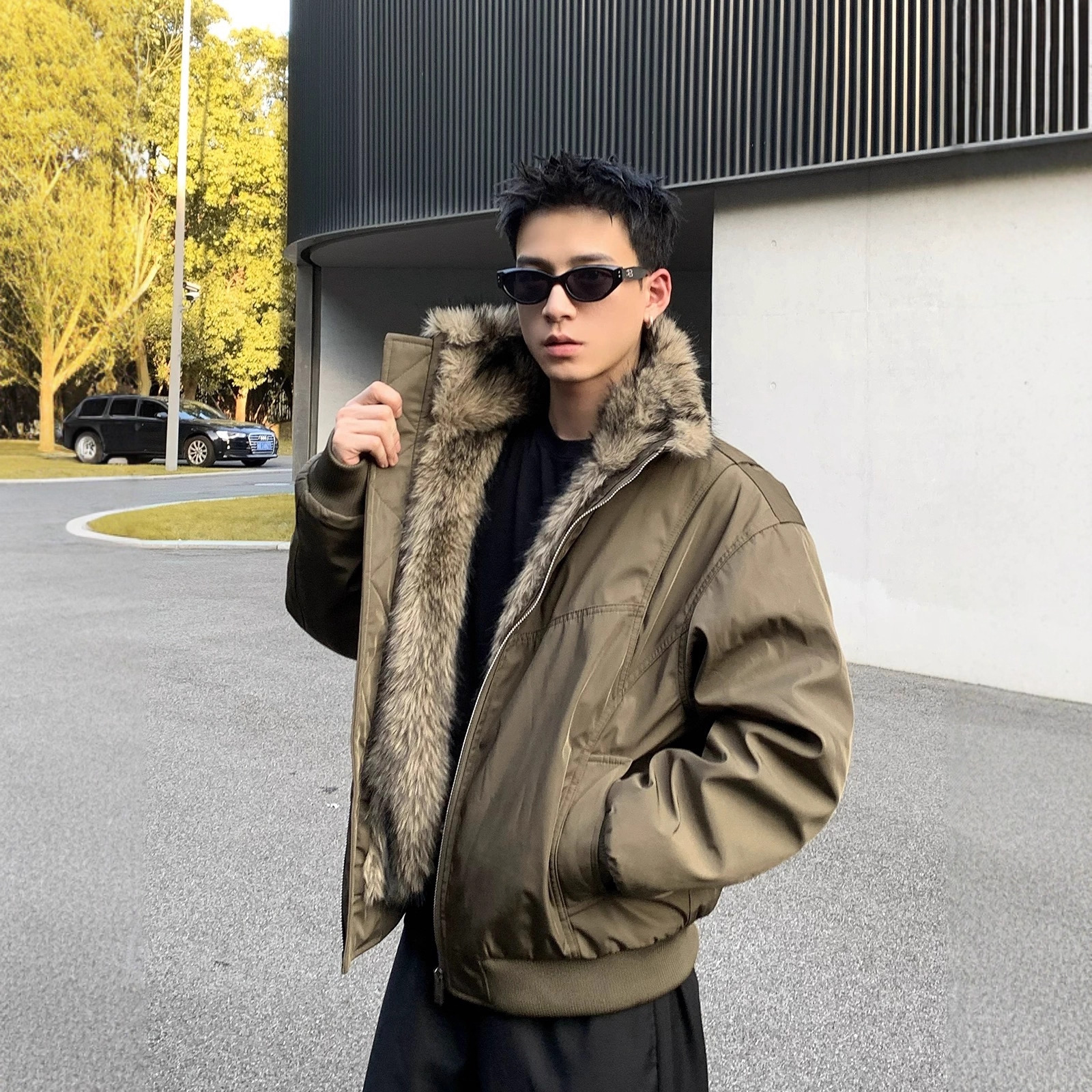 美式复古座山雕毛领外套新款夹棉夹克加厚冬季加绒保暖棉服男潮流