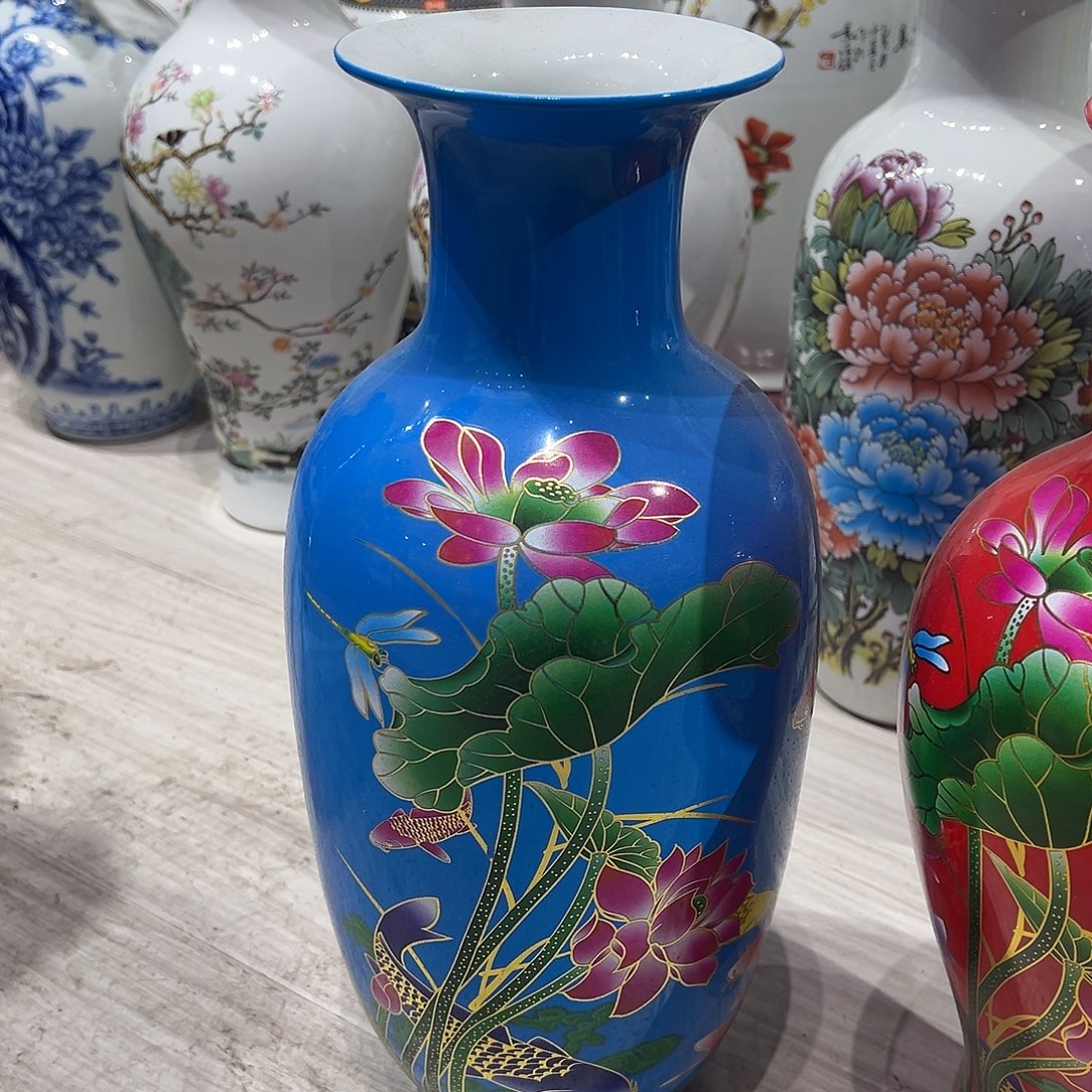 摆件陶36cm蓝色荷叶冬瓜瓶