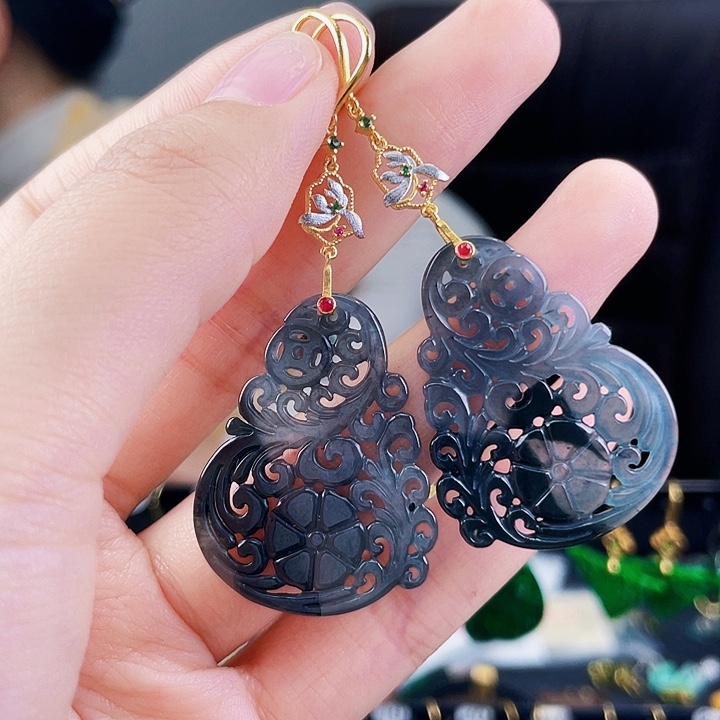 翡翠耳饰银S925镶嵌饰品