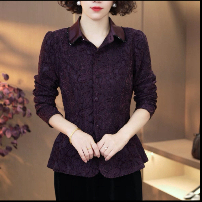 秋冬款时尚植绒提花蕾丝衬衫领开衫气质百搭显瘦女人味上衣