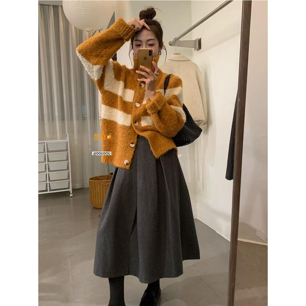 【豆豆】韩版冬季圈圈毛条纹针织休闲长袖高领单排扣毛衣开衫女