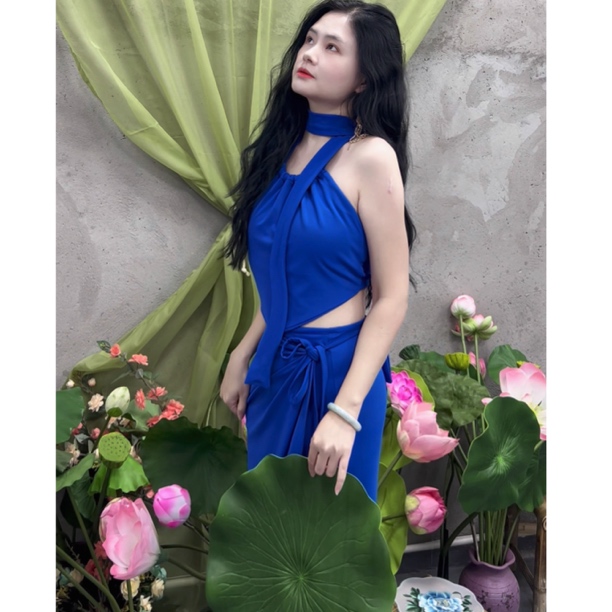 泽蓓花 春秋复古【艳兰】国风带胸垫挂脖肚兜上衣+一片式半身裙套装