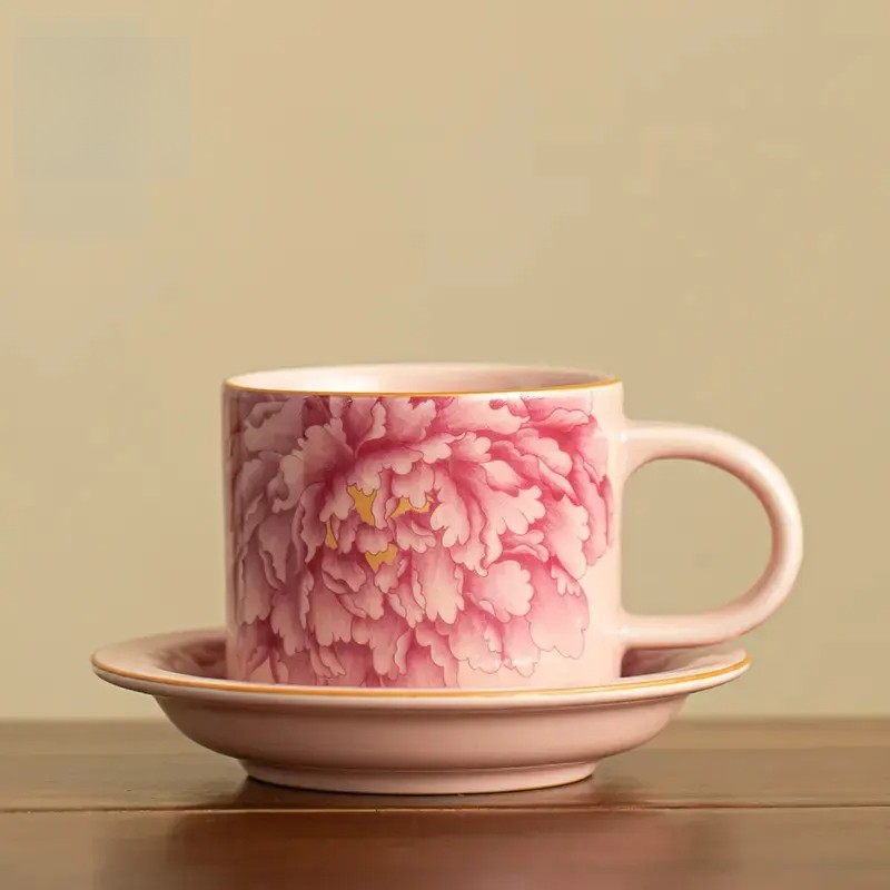 G2400-陶瓷粉汝牡丹花国风陶瓷咖啡杯开片可养功夫茶具马克杯碟套