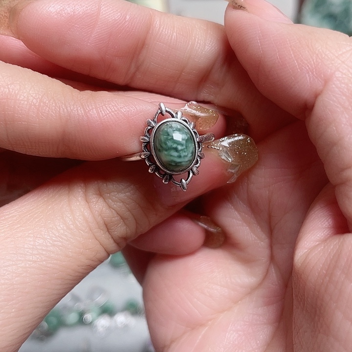 透闪石-蛇纹石玉戒指银S925镶嵌