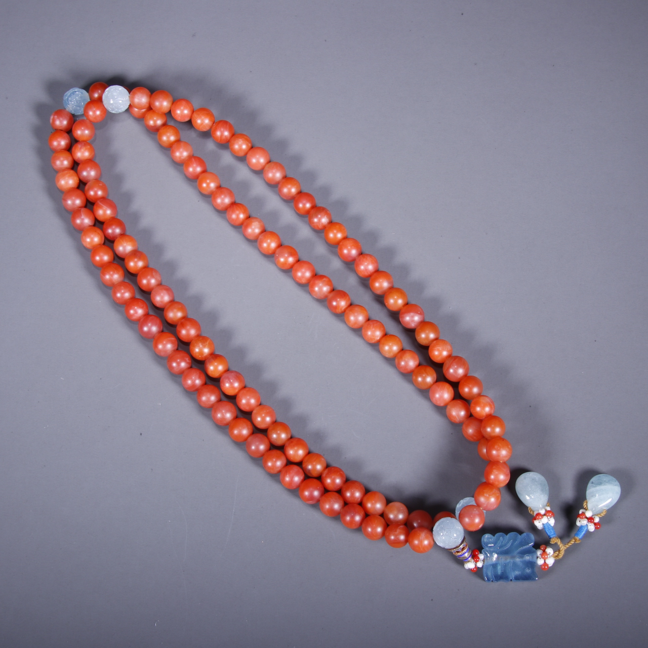 清 南红配海蓝宝108长串 听雨轩 Z 79470