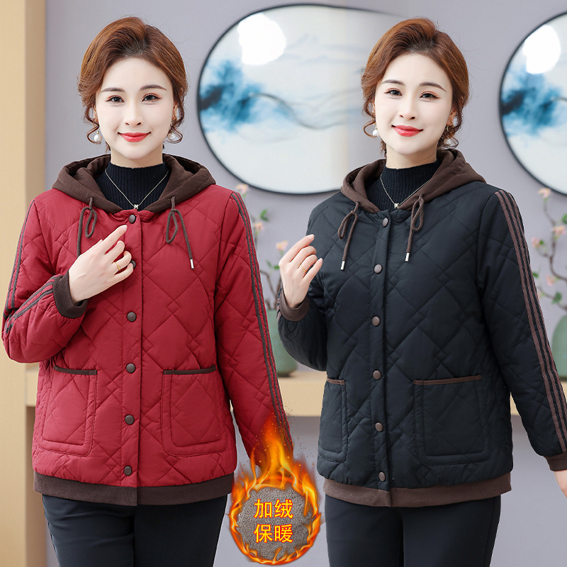 薄款秋冬新款夹棉外套连帽宽松大码女装妈妈显瘦加绒加厚休闲棉服