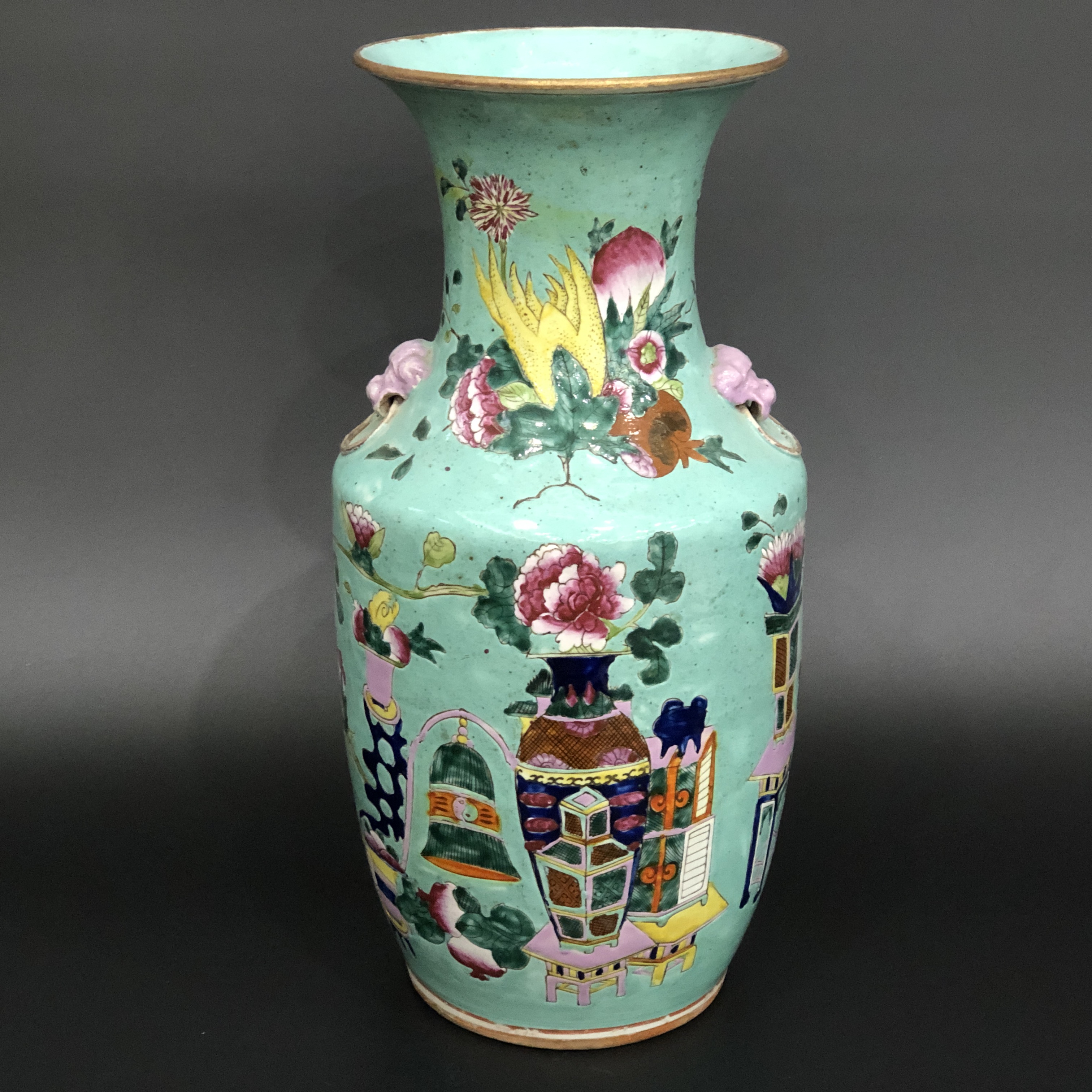 25091378民国粉彩松石绿地福寿三多纹赏瓶 直径41.9cm