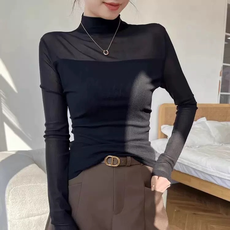 [ W i F i ]8237半高领网纱打底衫秋季百搭修身长袖T恤内搭上衣