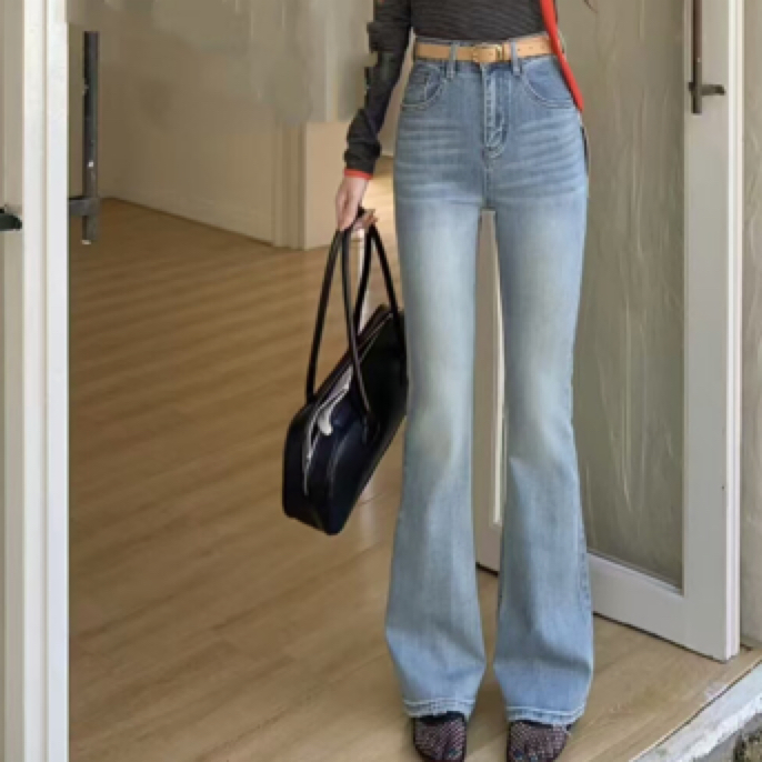 【晗晗家】6267春款浅蓝弹力牛仔裤高腰修身显瘦微叭裤女百搭马蹄漾