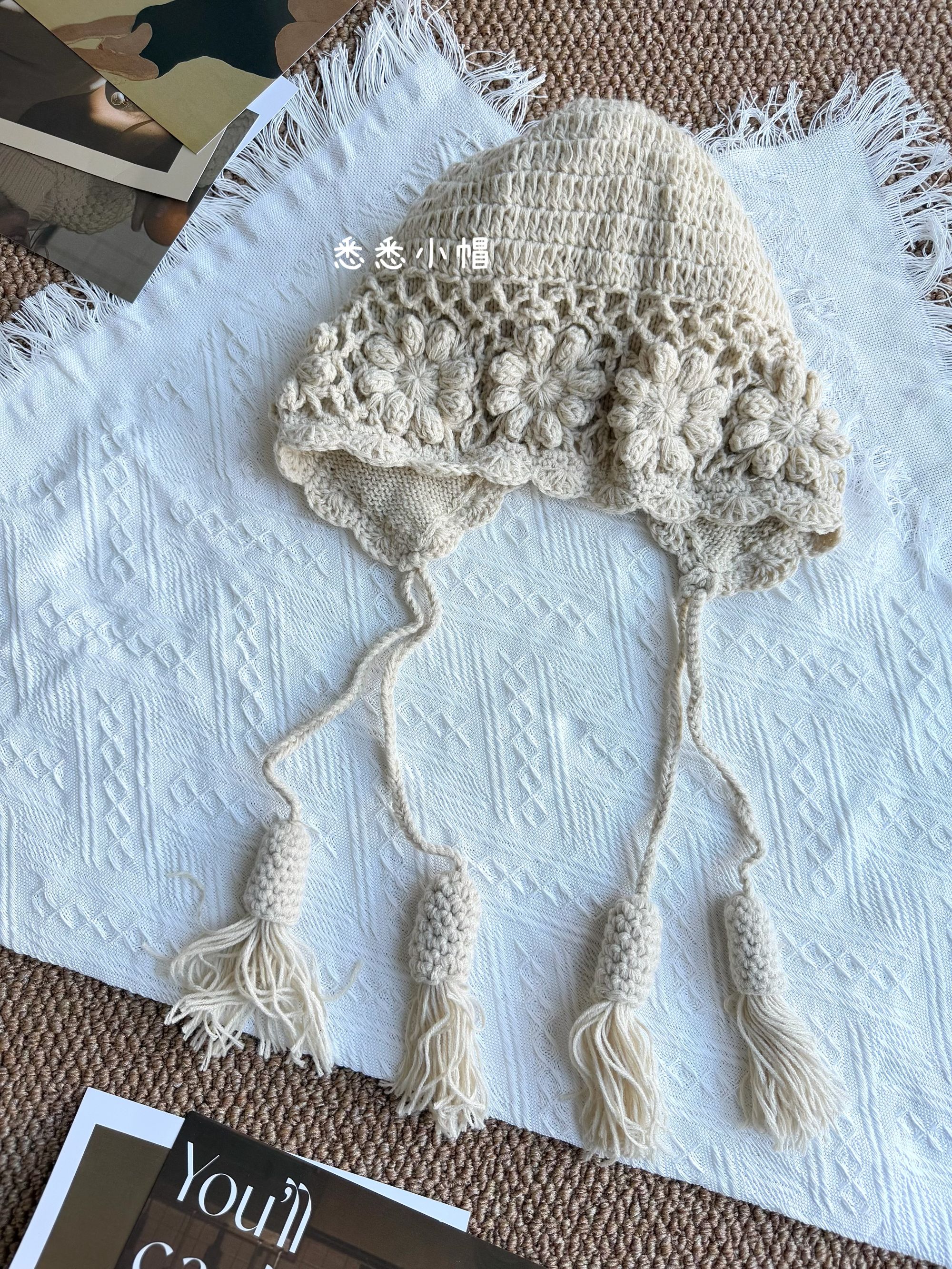 波西米亚手工双层钩花针织民族风川西游镂空流苏毛线套头帽子K019