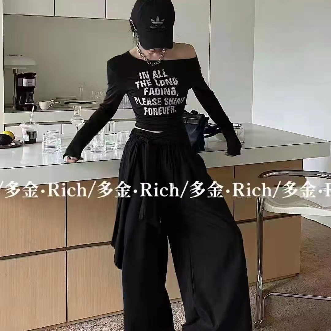 早秋时尚子母印花斜肩赏搭配休闲长裤套装