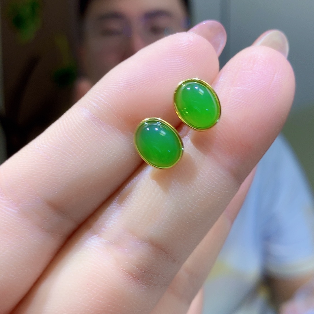 银S925镀金镶嵌和田玉（碧玉）耳饰