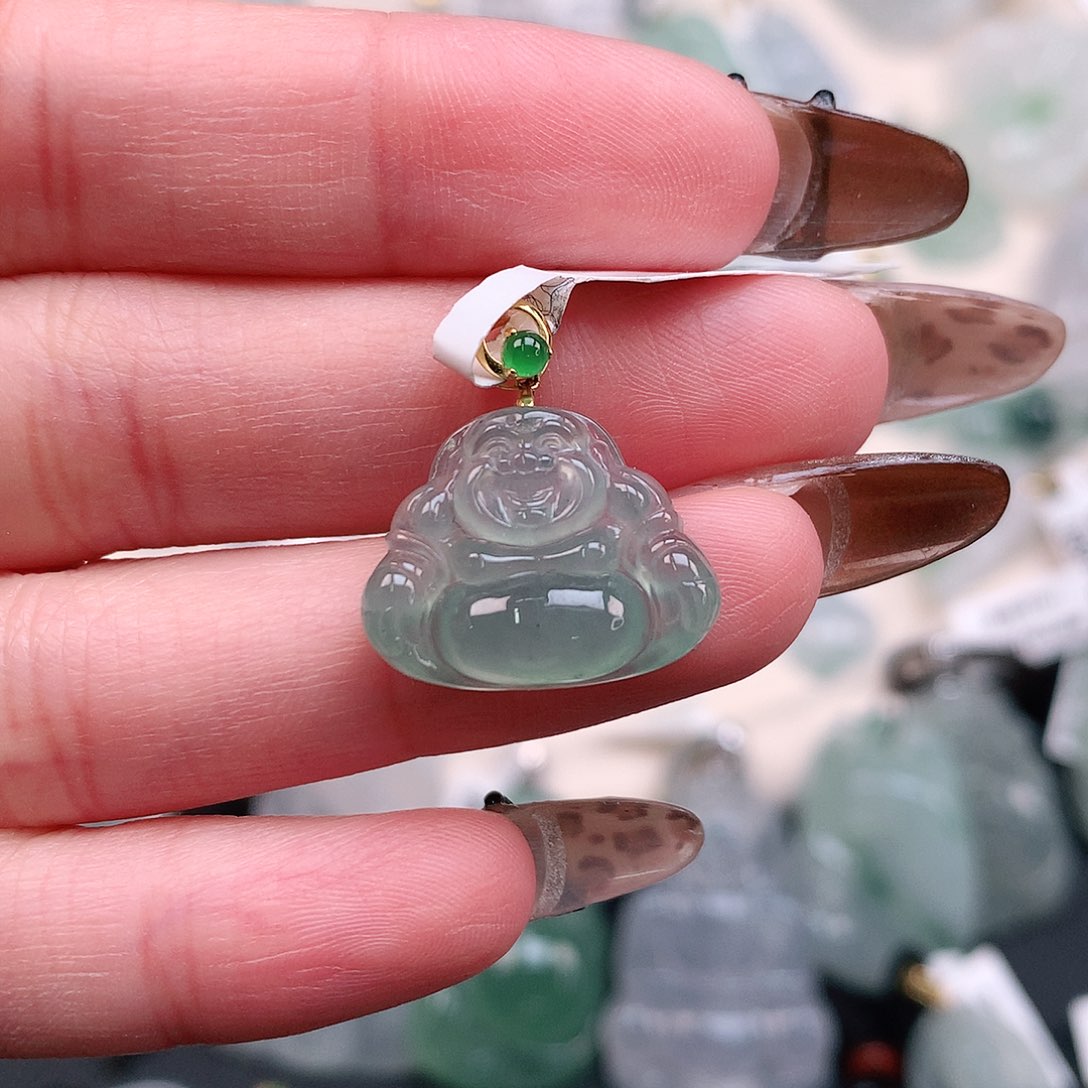 翡翠颈饰18K金镶嵌冰绿佛20、14.6、19、4.8