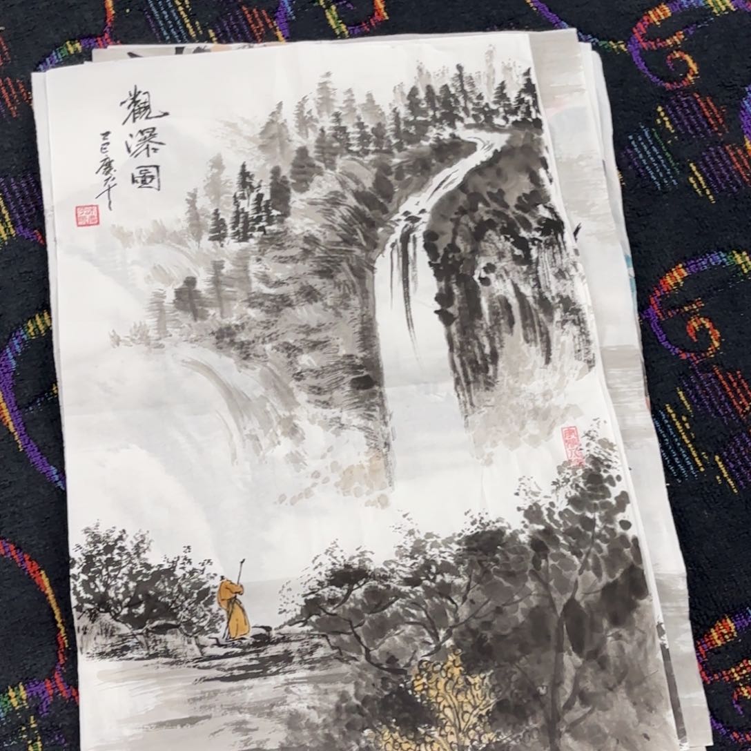 国画四尺三开山水t