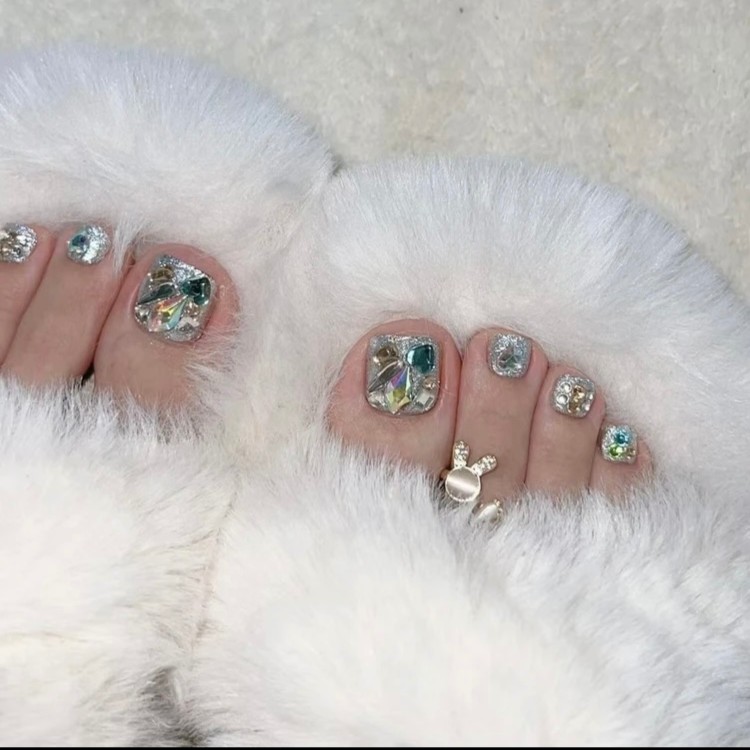 【M210脚甲】银色琉璃彩钻可拆卸式美甲贴片