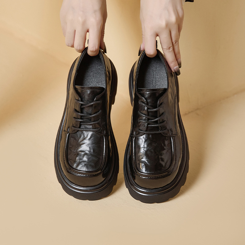 真皮厚底乐福鞋女2024秋季新款系带百搭增高鞋复古棕色JK女鞋