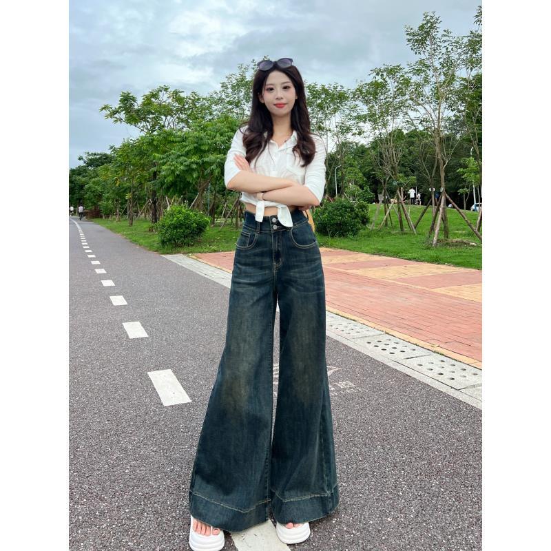 复古阔腿牛仔裤夏季薄款2025高腰显高显瘦宽松小个子拖地裤女