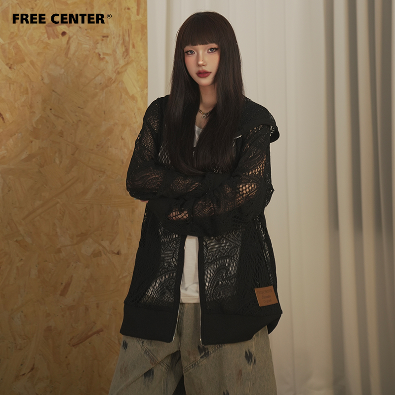Free Center定织定染腰果花镂空薄外套男女同款夏季宽松显瘦罩衫