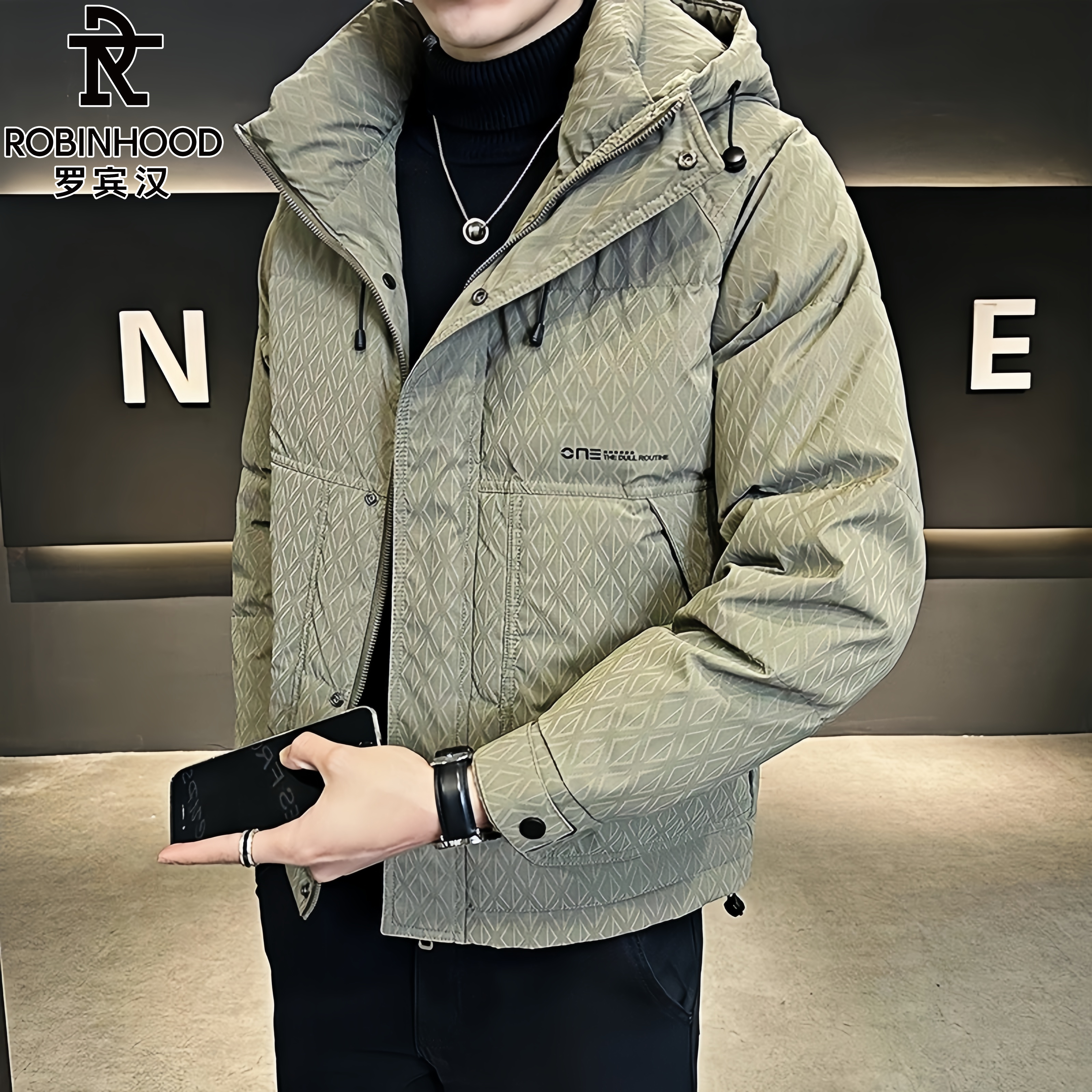 罗宾汉/ROBINHOOD潮牌连帽棉服外套男士冬季新款时尚印花保暖防寒