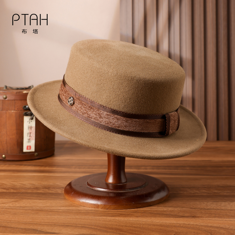 布塔秋冬羊毛平顶平檐帽子法式复古礼帽气质百搭帽子女PT1427