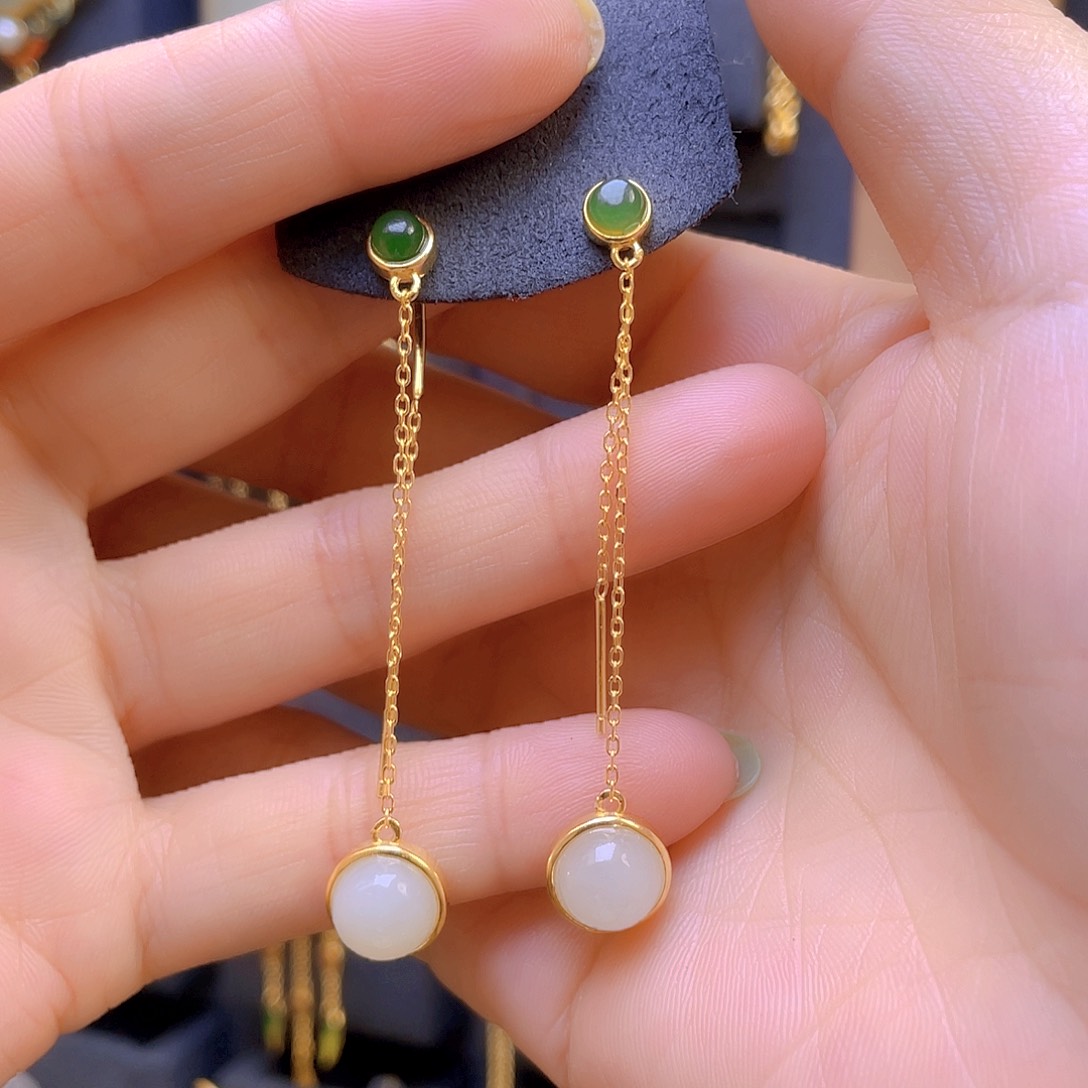 和田玉耳饰银S925镀金镶嵌