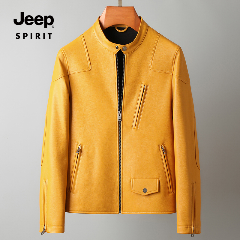 JEEP SPIRIT 春季男士新款牛皮真皮夹克轻奢高档立领休闲时尚外套