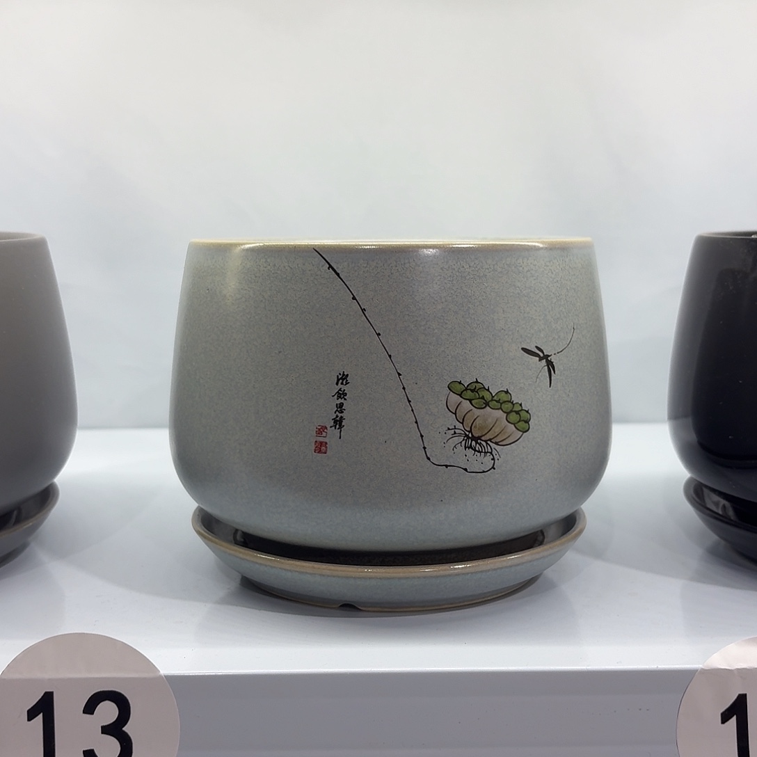 陶瓷花盆蜻蜓口径12高度12 带陶瓷托盘