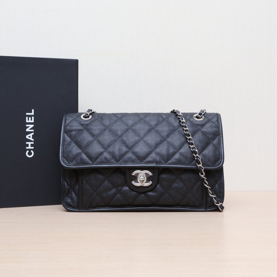 95新 Chanel/香奈儿 小花黑黑 黑色 荔枝皮革C 17开 CF 机场包