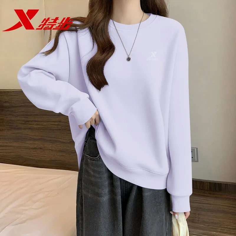 特步紫色卫衣女装秋季长袖休闲服上衣宽松显瘦圆领针织打底套头衫