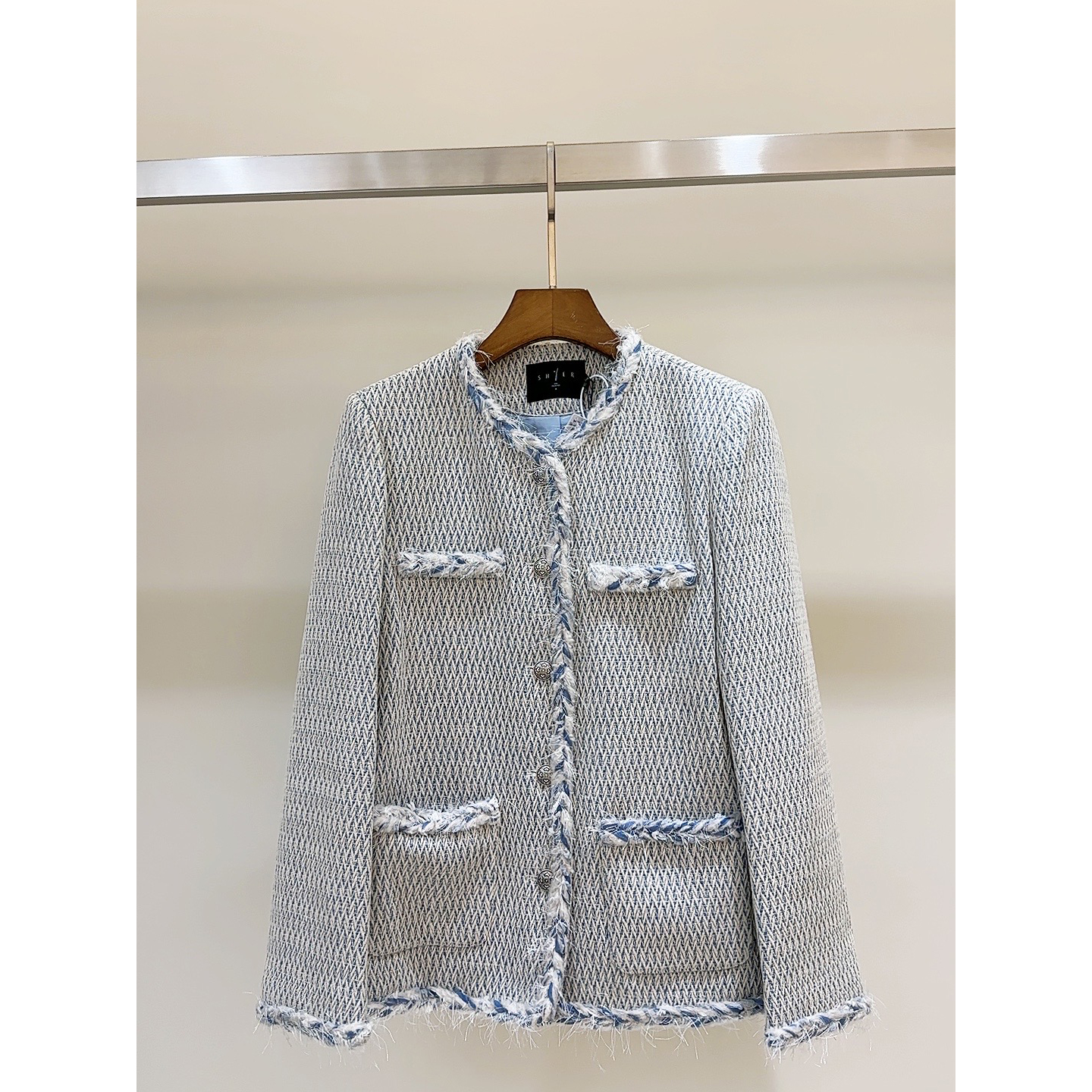 轻奢小香风外套拼色麻花外套—蓝色—10047