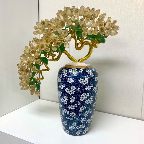 【晶之运】繁华朵朵发财树黄水晶迎客松陶瓷复古艺术花瓶客厅摆件