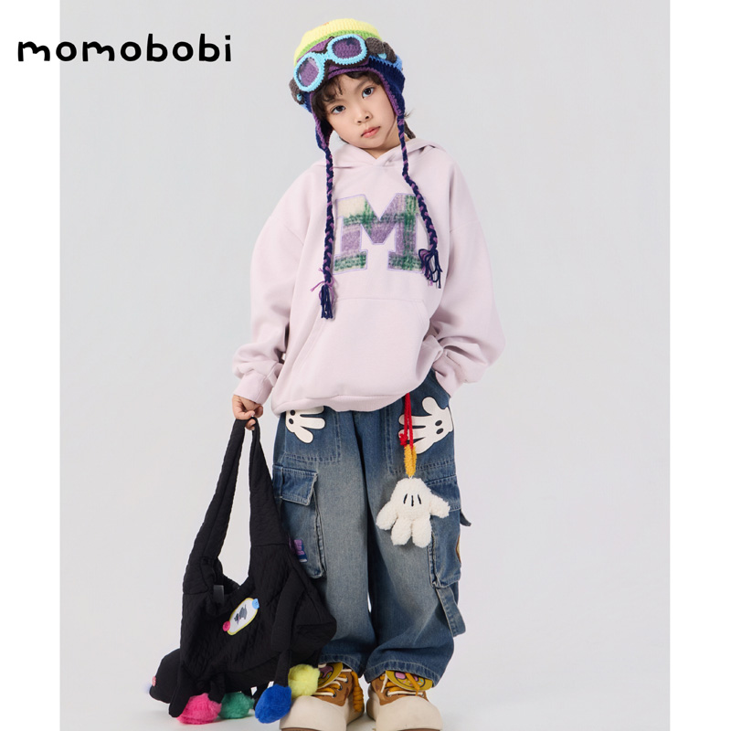 momobobi自制新款儿童卫衣韩版个性字母外套复古宽松百搭连帽卫衣