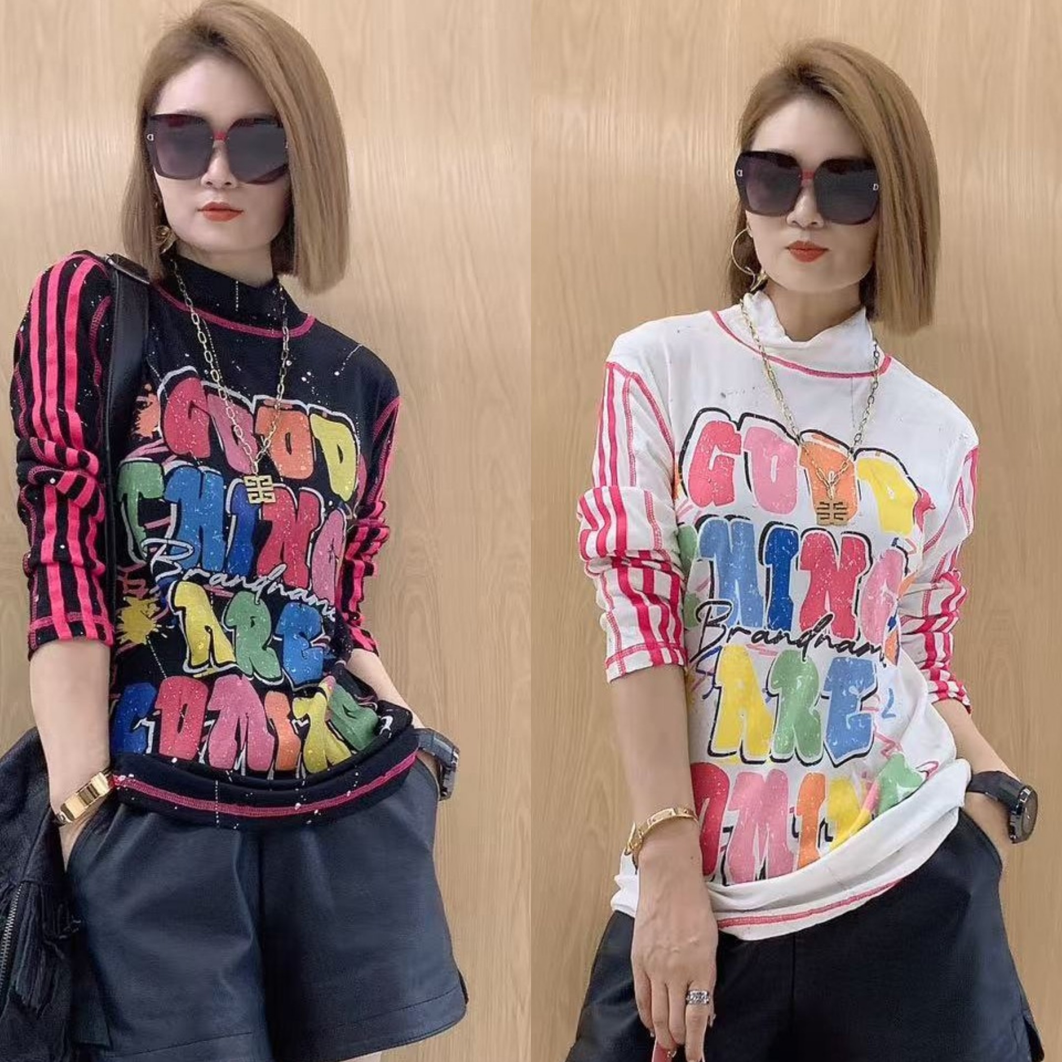  欧韩1918黑色一白色打底衫