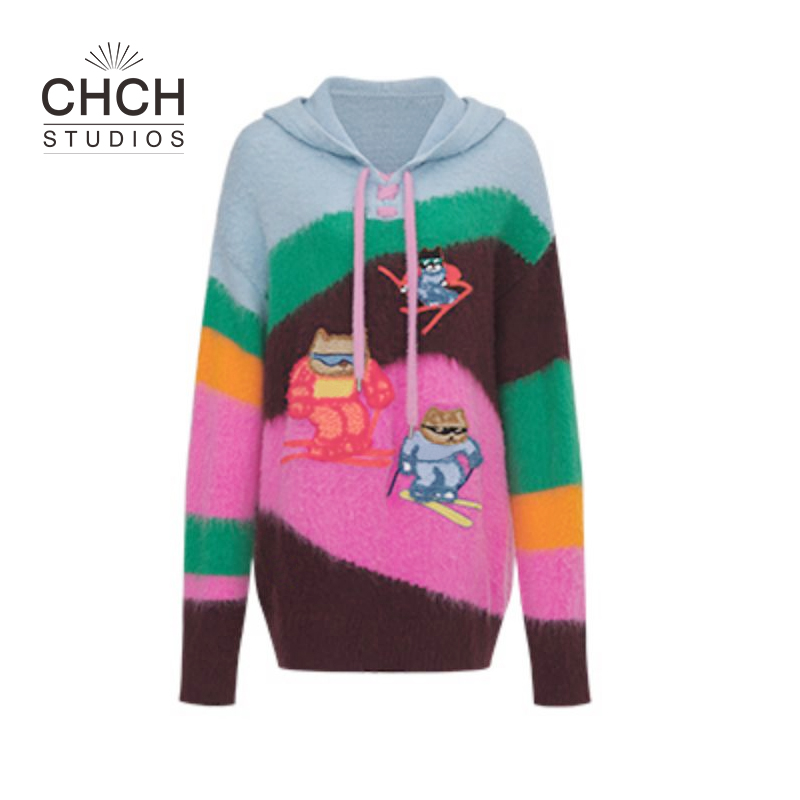 JY4ZZC13716设计感撞色拼接绣花滑雪熊秋冬百搭针织衫女